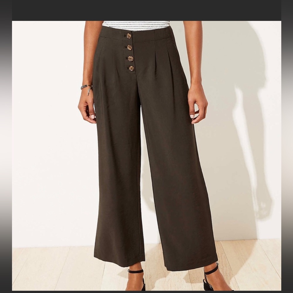 LOFT Olive Wide-Leg Ankle Pants with Button Front